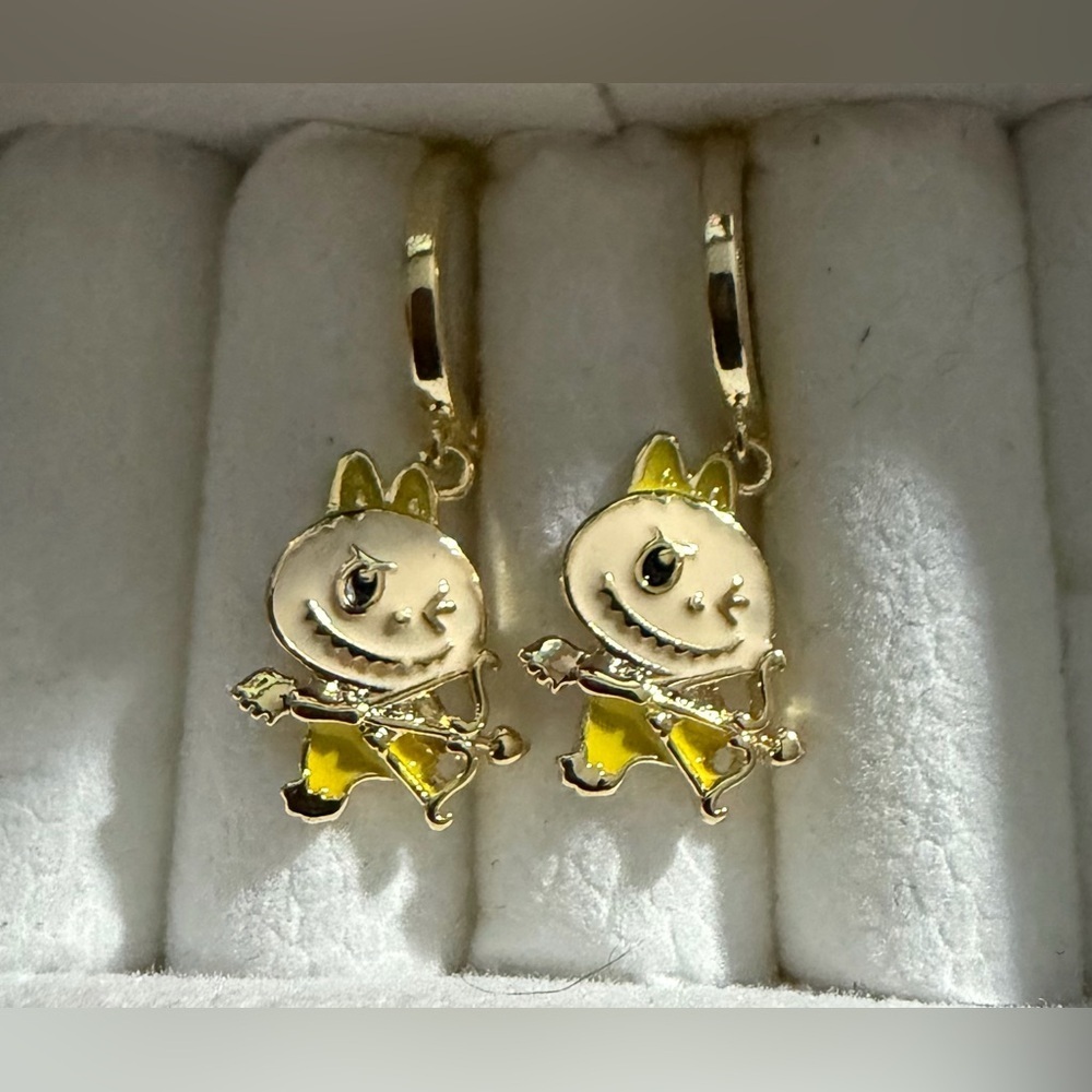 14K Gold Bow & Arrow Valentine Labubu Theme Enamel Hoop Earrings Kawaii Boutique
